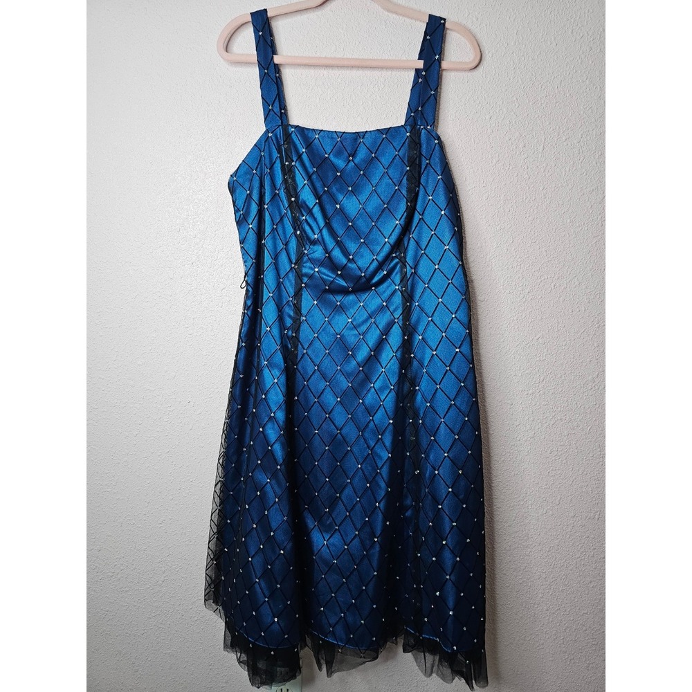 Blu Sage Womens 14W Blue Satin Rhinestone Diamond Mesh Overlay Cocktail Dress